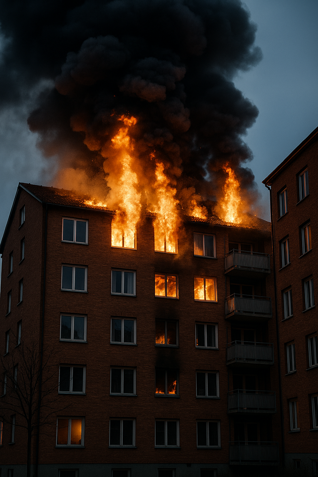 Brand i flerbostadshus där rök väller ut från ett fönster, visande vikten av brandskydd